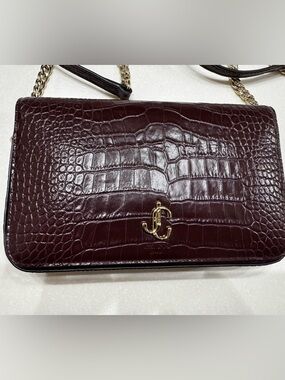 Jimmy Choo Burgundy Croc-Embossed Shoulder Bag with Gold Hardware